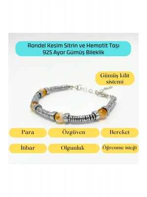 Sertifikalı Rondel Kesim Sitrin ve Hematit  925 Ayar Doğal Taş Gümüş Bileklik 6mm