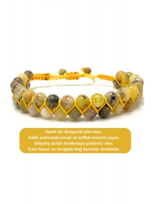SERTİFİKALI Sarı Opal Çift Sıra Doğal Taş Makrome Bileklik Ayarlanabilir Ölçü