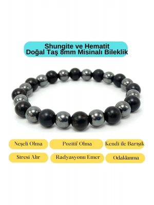 Sertifikalı Shungite ve Hematit Doğal Taş Misinalı Bileklik 8mm