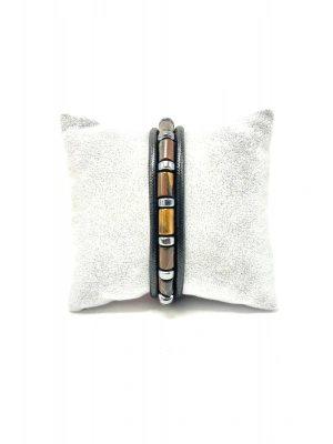 Sertifikalı Silindir Kaplan Gözü ve Hematit Doğal Taş Erkek Bileklik Mıknatıslı Kilit