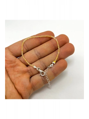 SERTİFİKALI Sitrin 2mm 925 Ayar Gümüş Doğal Taş Bileklik Uzatma Zincirli