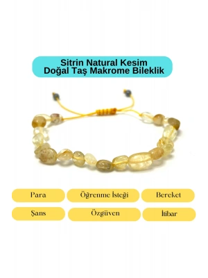 Sertifikalı Sitrin Natural Kesim Makrome Doğal Taş Bileklik Ayarlanabilir Ölçü