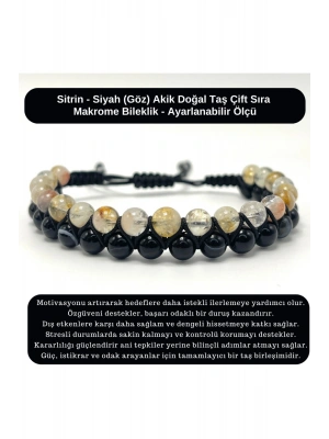 SERTİFİKALI Sitrin - Siyah Göz Akik Doğal Taş Çift Sıra Makrome Bileklik