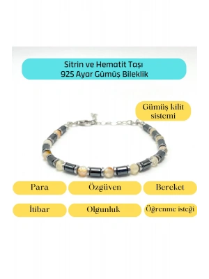 Sertifikalı Sitrin ve Hematit  925 Ayar Doğal Taş Gümüş Bileklik 4mm