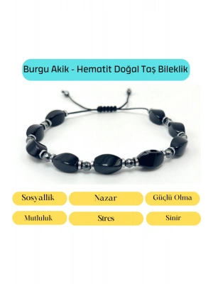 Sertifikalı Siyah Burgu Akik ve Hematit Makrome Doğal Taş Bileklik