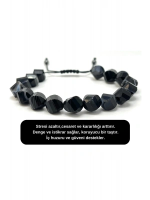 SERTİFİKALI Siyah Göz Akik Hexonal Kesim Makrome Doğal Taş Bileklik 8mm