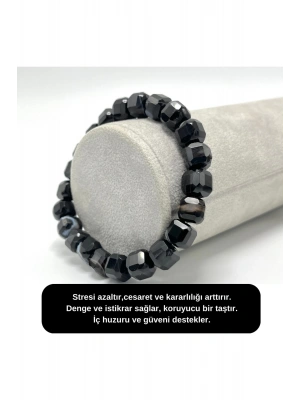 SERTİFİKALI Siyah Göz Akik Küp Kesim Lastikli Doğal Taş Bileklik 8 mm