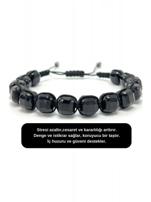 SERTİFİKALI Siyah Göz Akik Küp Kesim Makrome Doğal Taş Bileklik 8 mm