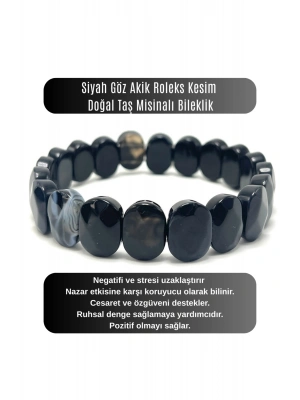 SERTİFİKALI Siyah Göz Akik Roleks Kesim Doğal Taş Misinalı Bileklik