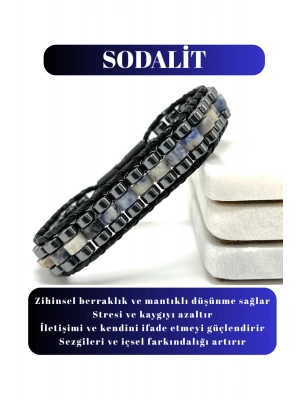 Sertifikalı Sodalit Disk Model Doğal Taş Erkek Bileklik Kilitli Kapama