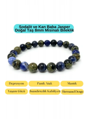 Sertifikalı Sodalit ve Kan Baba Jasper Doğal Taş Misinalı Bileklik 8mm