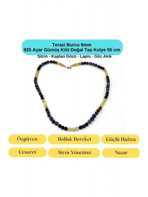 SERTİFİKALI Terazi Burcu 6mm 925 Ayar Gümüş Doğal Taş Kolye 55 cm