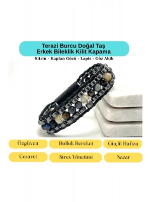 SERTİFİKALI Terazi Burcu Disk Model Doğal Taş Erkek Bileklik Mıknatıslı Kilit