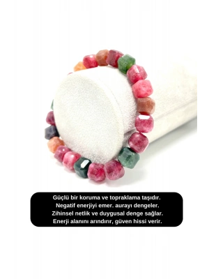 SERTİFİKALI Turmalin Küp Kesim Lastikli Doğal Taş Bileklik 8 mm