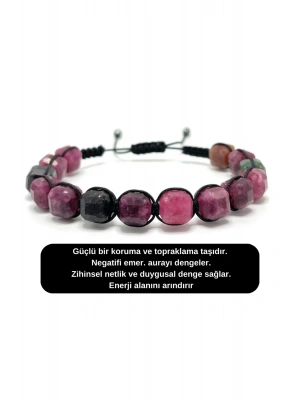 SERTİFİKALI Turmalin Küp Kesim Makrome Doğal Taş Bileklik 8 mm