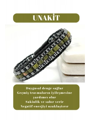 Sertifikalı Unakit Disk Model Doğal Taş Erkek Bileklik Kilitli Kapama
