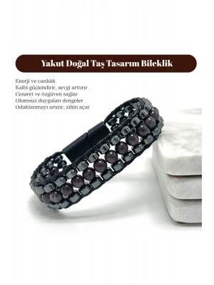 Sertifikalı Yakut Taşı Erkek Bileklik – Çelik Kilitli, Doğal Taş Tasarım, Şık ve Özgün Aksesuar