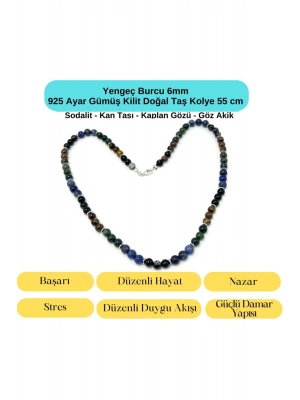 SERTİFİKALI Yengeç Burcu 6mm 925 Ayar Gümüş Doğal Taş Kolye 55 cm