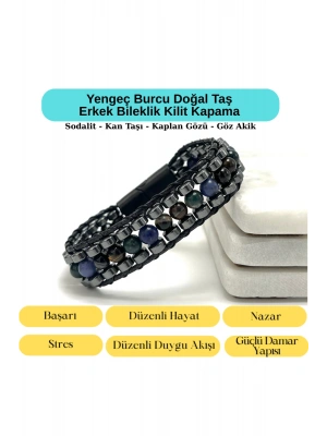 SERTİFİKALI Yengeç Burcu Disk Model Doğal Taş Erkek Bileklik Mıknatıslı Kilit