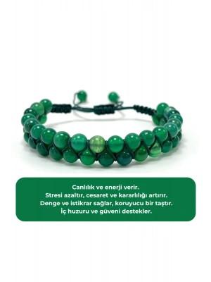 SERTİFİKALI Yeşil Akik Çift Sıra Doğal Taş Makrome Bileklik Ayarlanabilir Ölçü