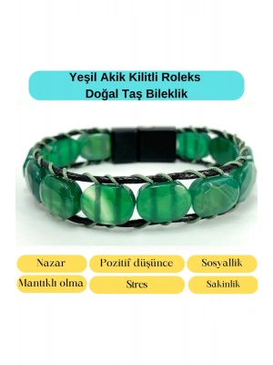 Sertifikalı Yeşil Akik Kilit Kapama Roleks Doğal Taş Deri Bileklik