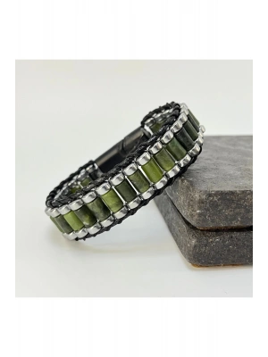 Sertifikalı Yeşim ve Hematit Silindir Kesim Kilitli Doğal Taş Deri Erkek Bileklik