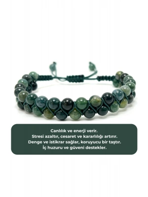 SERTİFİKALI Yosunlu Akik Çift Sıra Doğal Taş Makrome Bileklik Ayarlanabilir Ölçü