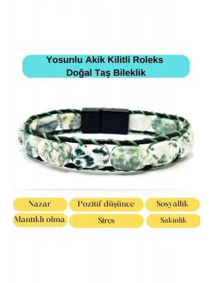 Sertifikalı Yosunlu Akik Kilit Kapama Roleks Doğal Taş Deri Bileklik