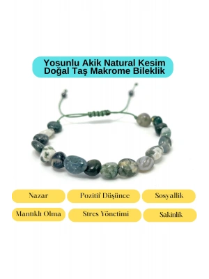Sertifikalı Yosunlu Akik Natural Kesim Makrome Doğal Taş Bileklik Ayarlanabilir Ölçü