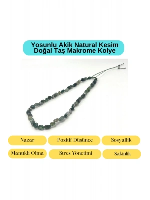 Sertifikalı Yosunlu Akik Natural Kesim Makrome Doğal Taş Kolye Ayarlanabilir Ölçü