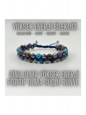 SERTİFİKALI Yüksek Enerji Bilekliği - Kaplan Gözü - Apatit - Hematit - Ametist