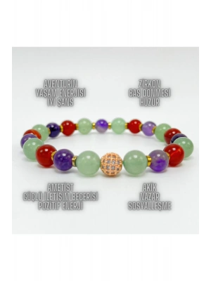 Sertifikalı Zirkon Aparatlı Aventurin Akik Ametist  8 mm Misinalı Doğal Taş Bileklik