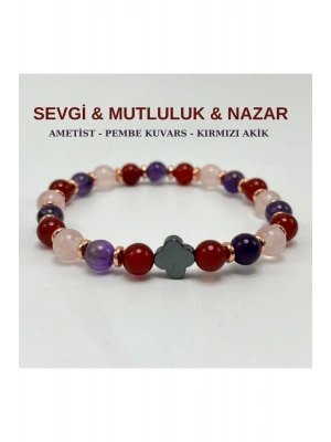 Sevgi & Mutluluk & Nazar Doğal Taş 6mm Elastik Bileklik Ametist-Pembe Kuvars- Kırmızı Akik