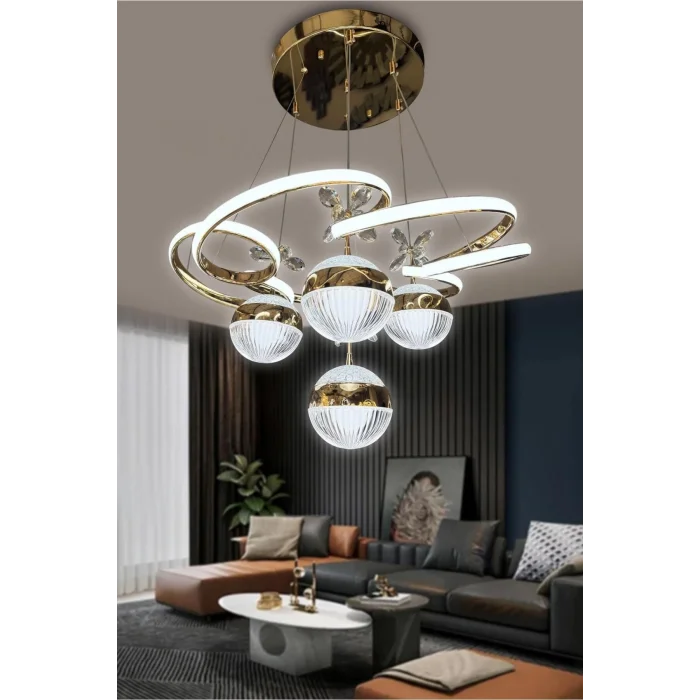 3 Renk Kumandalı Modern Sarkıt 4 Toplu Kelebekli Ledli Avize Gold