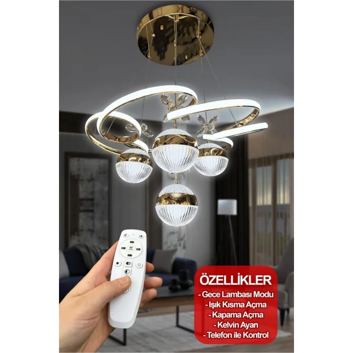 3 Renk Kumandalı Modern Sarkıt 4 Toplu Kelebekli Ledli Avize Gold
