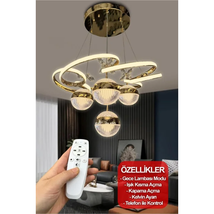 3 Renk Kumandalı Modern Sarkıt 4 Toplu Kelebekli Ledli Avize Gold