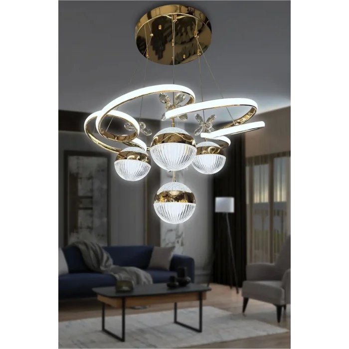 3 Renk Kumandalı Modern Sarkıt 4 Toplu Kelebekli Ledli Avize Gold