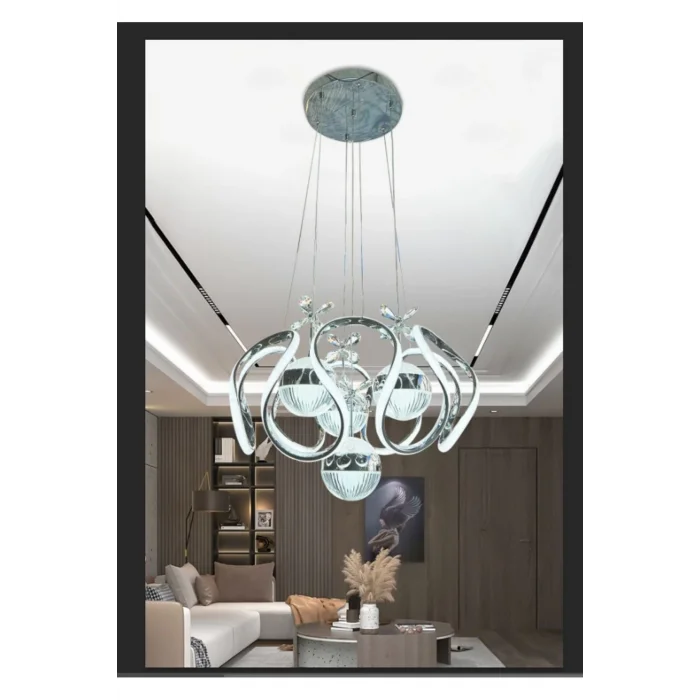 3 Renkli Salon Sarkıt Led Avize Toplu Kelebekli Gümüş Nikelaj Kaplama Ledli Salon Avize