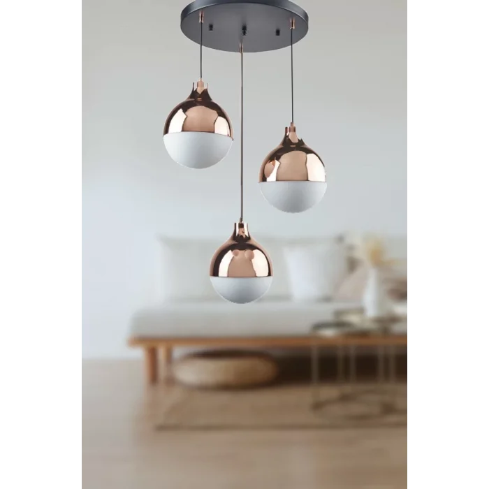 Modern Üçlü Sarkıt Retro Bakır Renk Beyaz Camlı Salon Avize