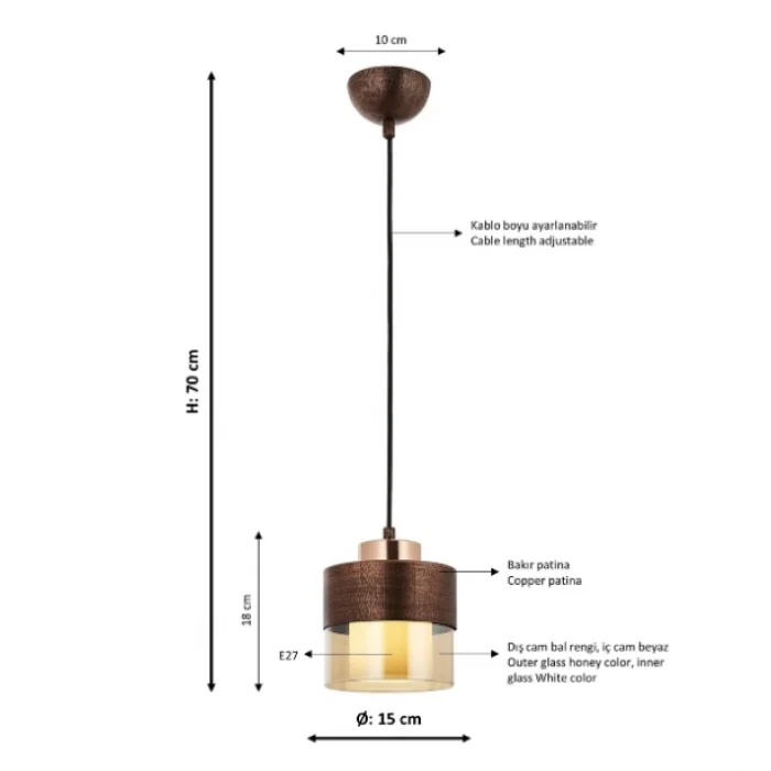Aconn Tekli Bakır Renk Kaplamalı Sarkıt Avize