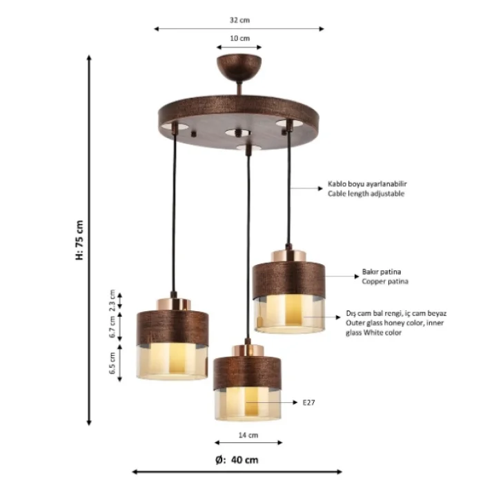 Aconn Üçlü Bakır Renk Kaplamalı Sarkıt Avize