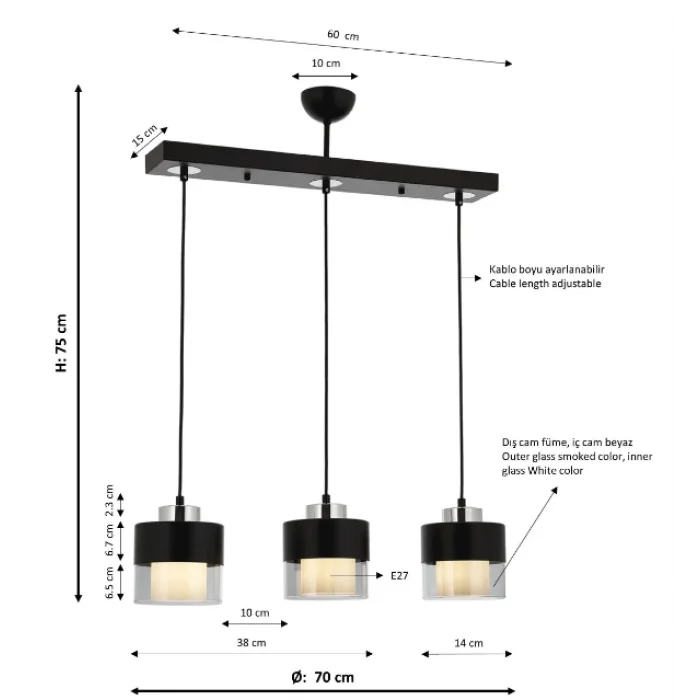 Aconn Üçlü Yemek Masası Siyah Renk Kaplamalı Sarkıt Avize