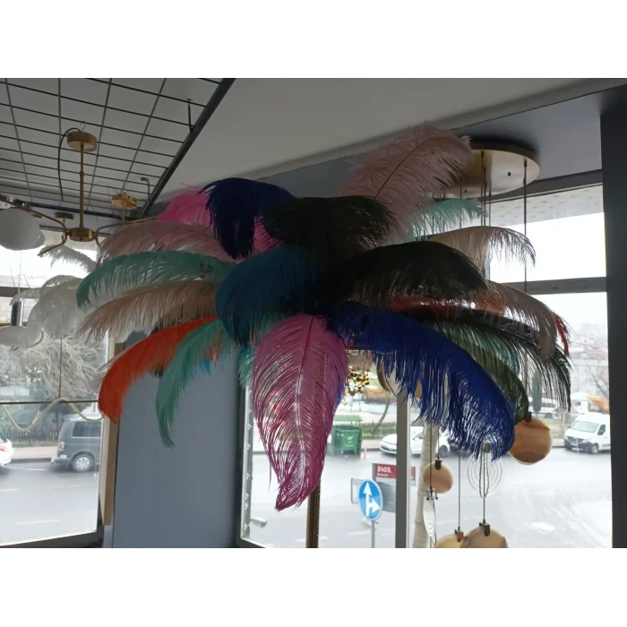 Gökkuşağı Deve Kuşu Tüyü Lambader