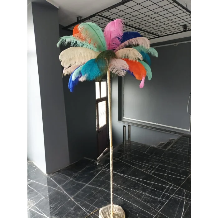 Gökkuşağı Deve Kuşu Tüyü Lambader