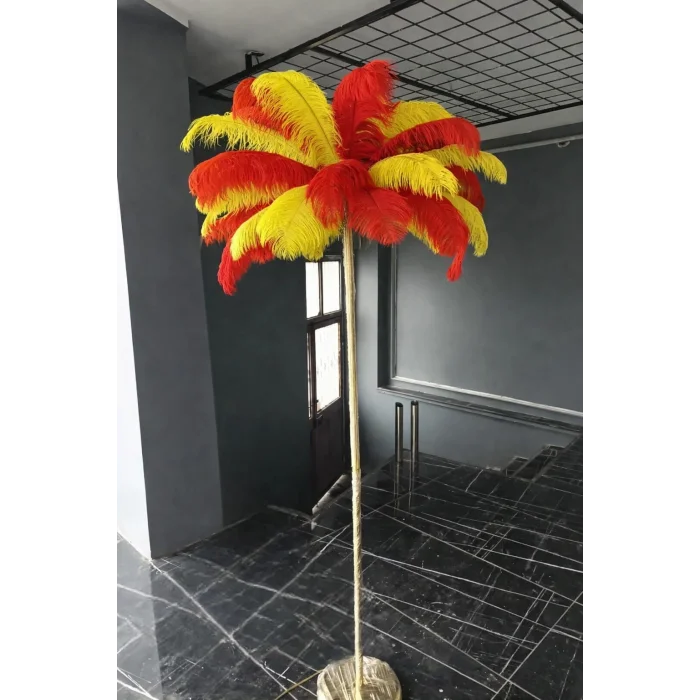 Sarı Kırmızı Deve Kuşu Tüyü Lambader