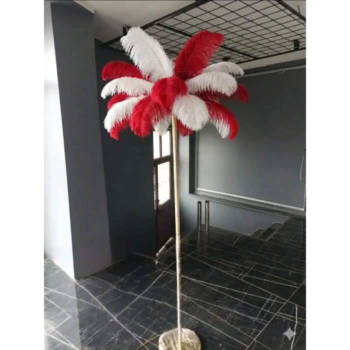 Kırmızı Beyaz Deve Kuşu Tüyü Lambader