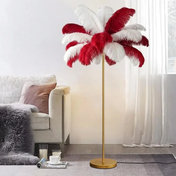 Kırmızı Beyaz Deve Kuşu Tüyü Lambader