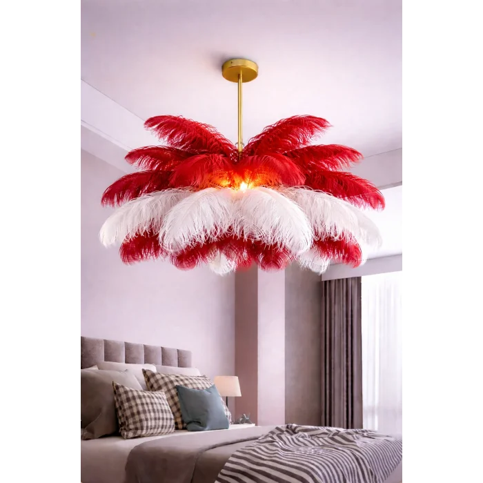 Kırmızı Beyaz Deve Kuşu Tüyü Sarkıt Avize