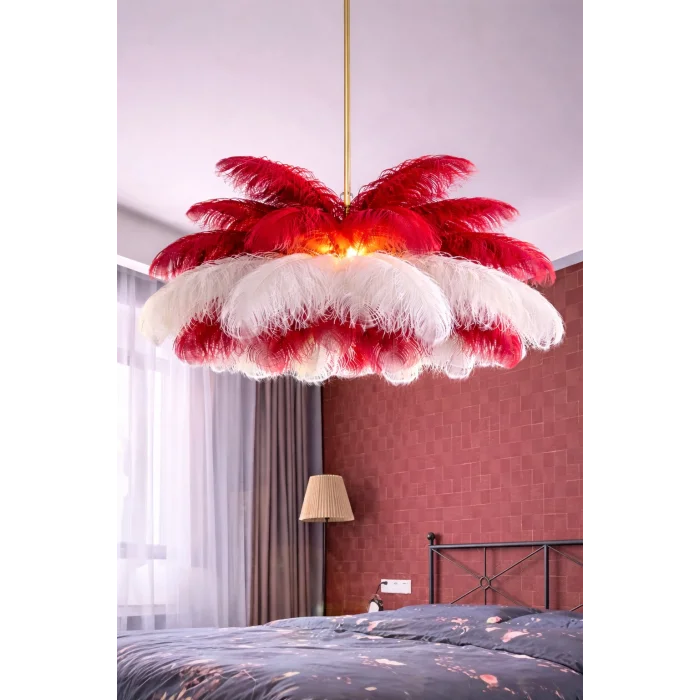 Kırmızı Beyaz Deve Kuşu Tüyü Sarkıt Avize