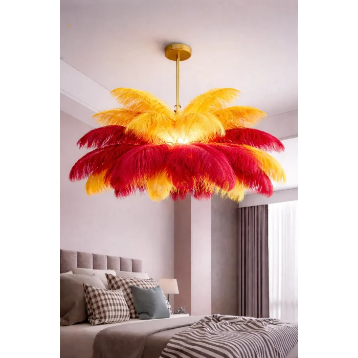 Sarı Kırmızı Deve Kuşu Tüyü Sarkıt Avize